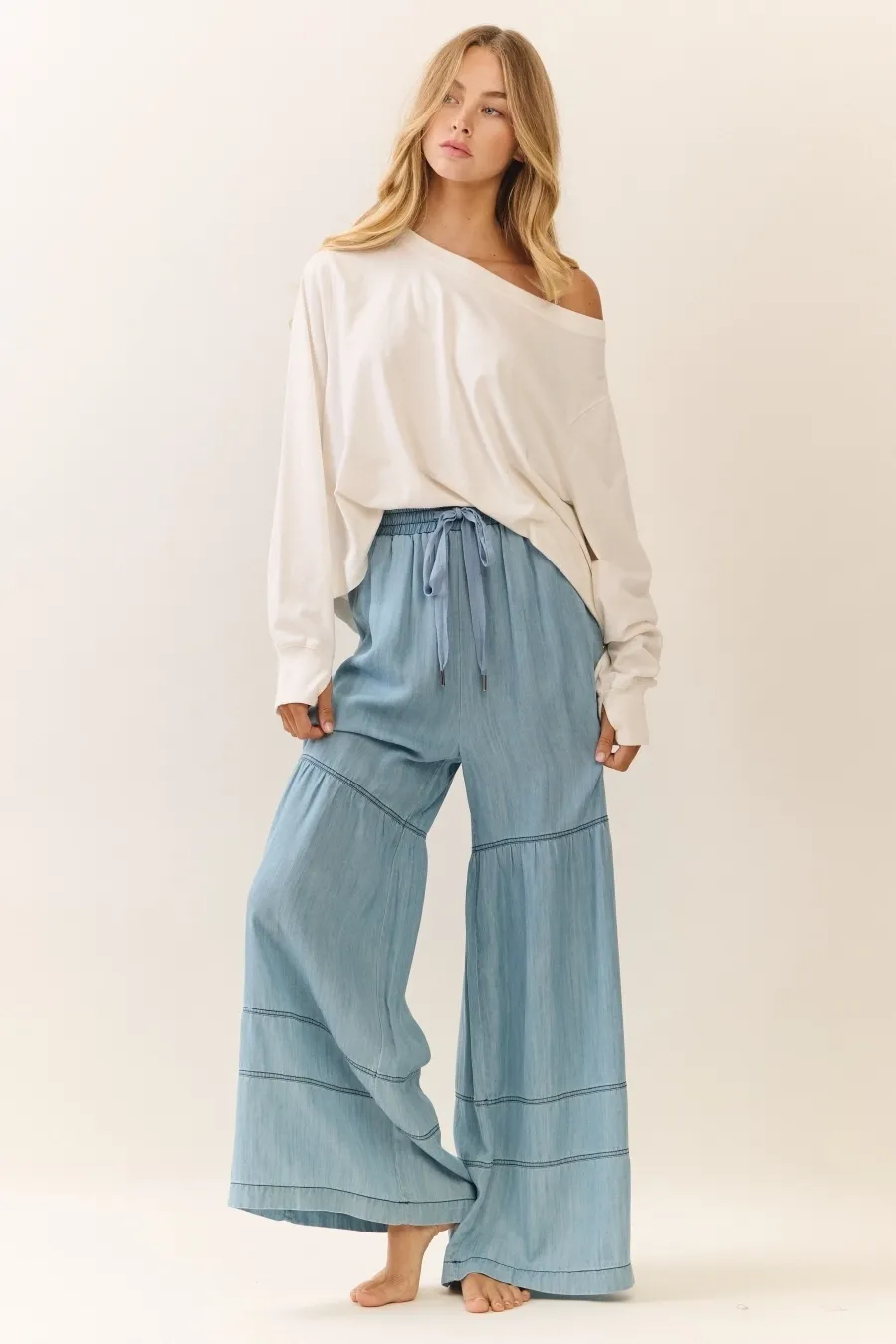 ODDI Washed Denim Drawstring Tiered Pant