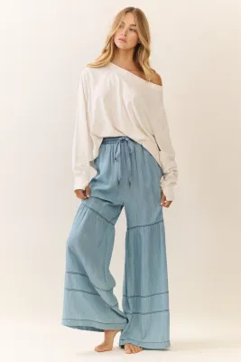 ODDI Washed Denim Drawstring Tiered Pant