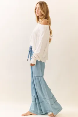 ODDI Washed Denim Drawstring Tiered Pant