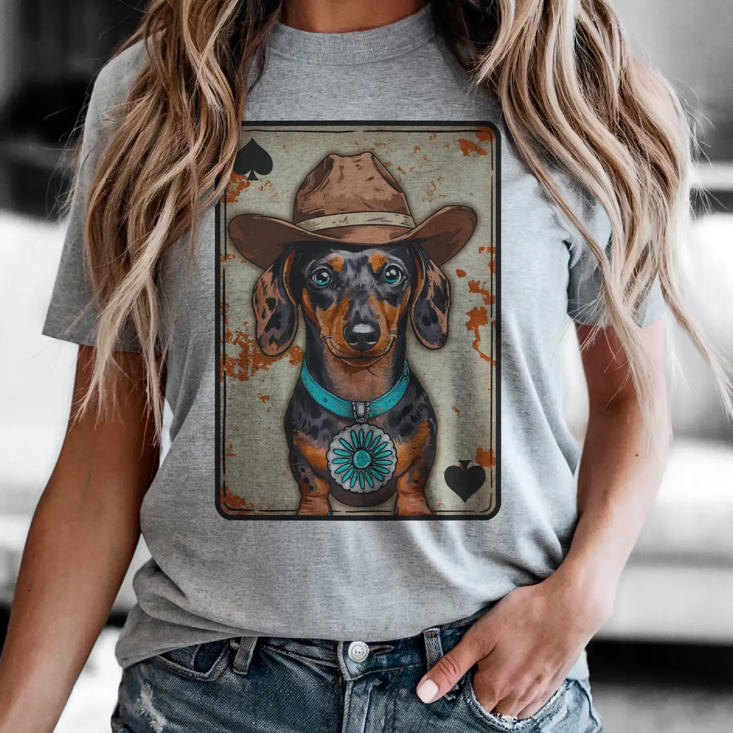 CowBoy Dachshund Tee-Heather Grey