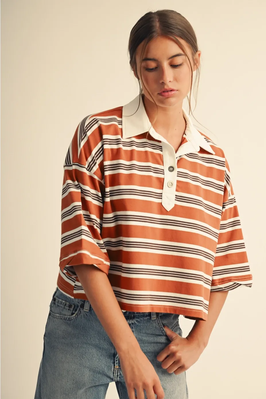 AEMI&amp;CO Stripe Crop Rugby Top