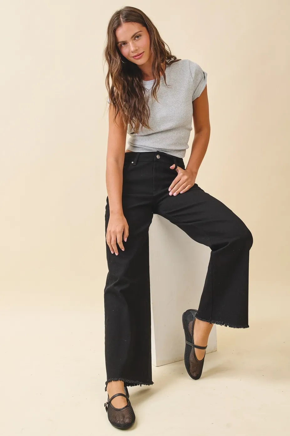 AEMI&amp;CO Wide Leg Raw Hem Black Jeans