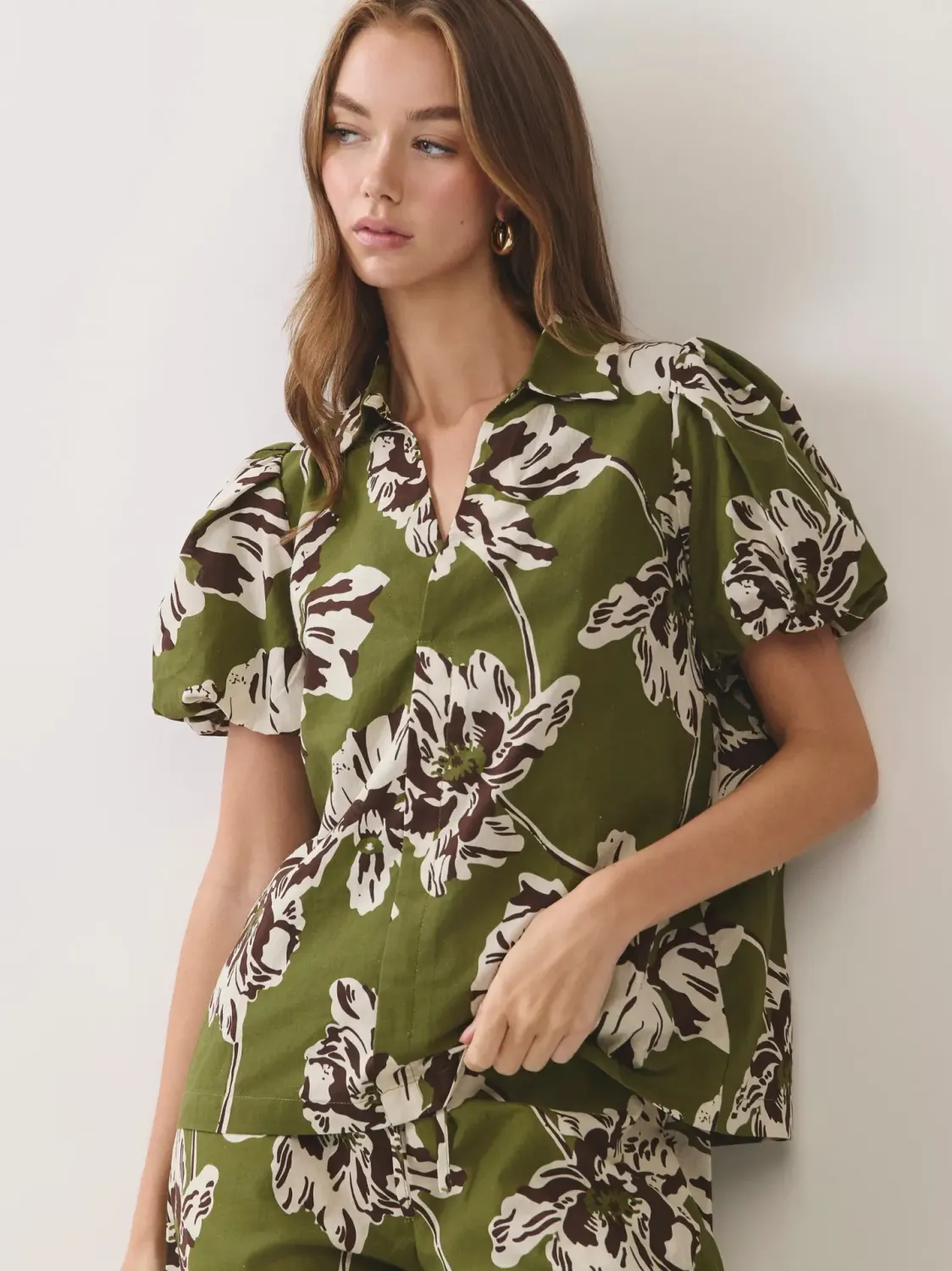 TCEC Green Floral Puff Sleeve Top