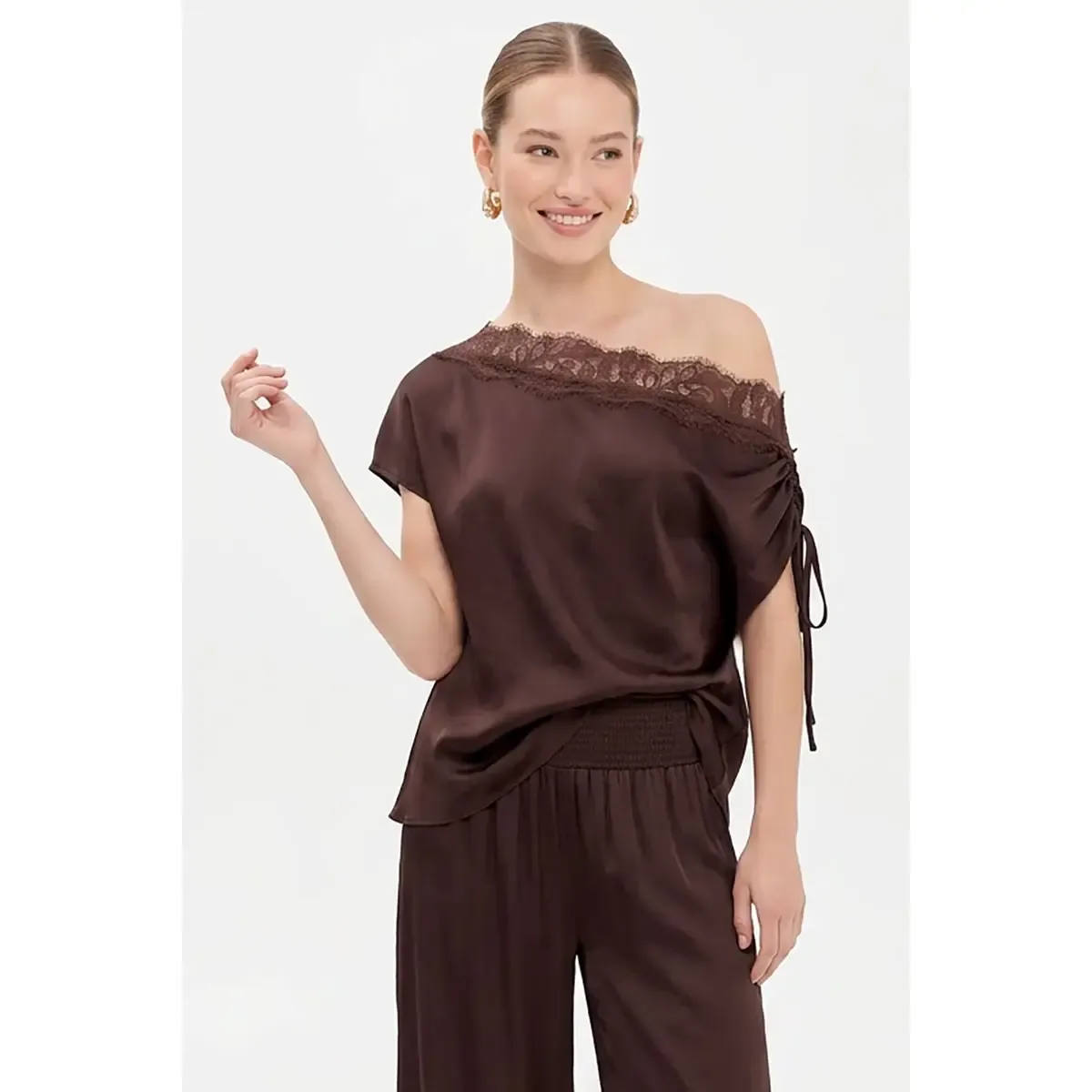 NAKED ZEBRA Chocolate Off Shouler Lace Top