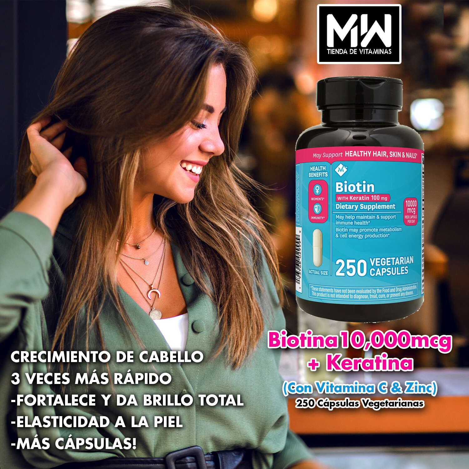 Biotina + Keratina 10,000 (Zinc & Vitamina C) 250 caps / Biotin + Keratin 10,000 mcg. (Zinc & Vitamina C), 250 caps