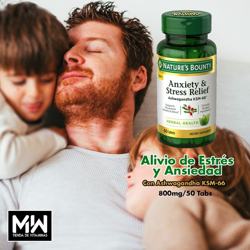 Alivio para el estrés y ansiedad con Ashwagandha 600mg + L-teanina /Anxiety &amp; Stress Relief w/Ashwagandha 600mg + L-theanine 50tabs