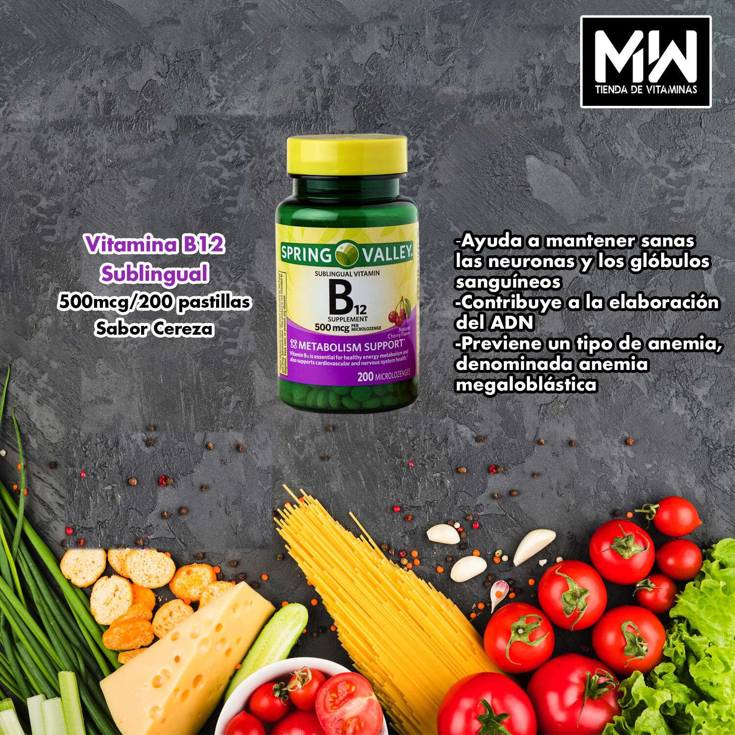 Vitamina B12 sublingual / Vitamin B12  500 mcg. 200 pastillas