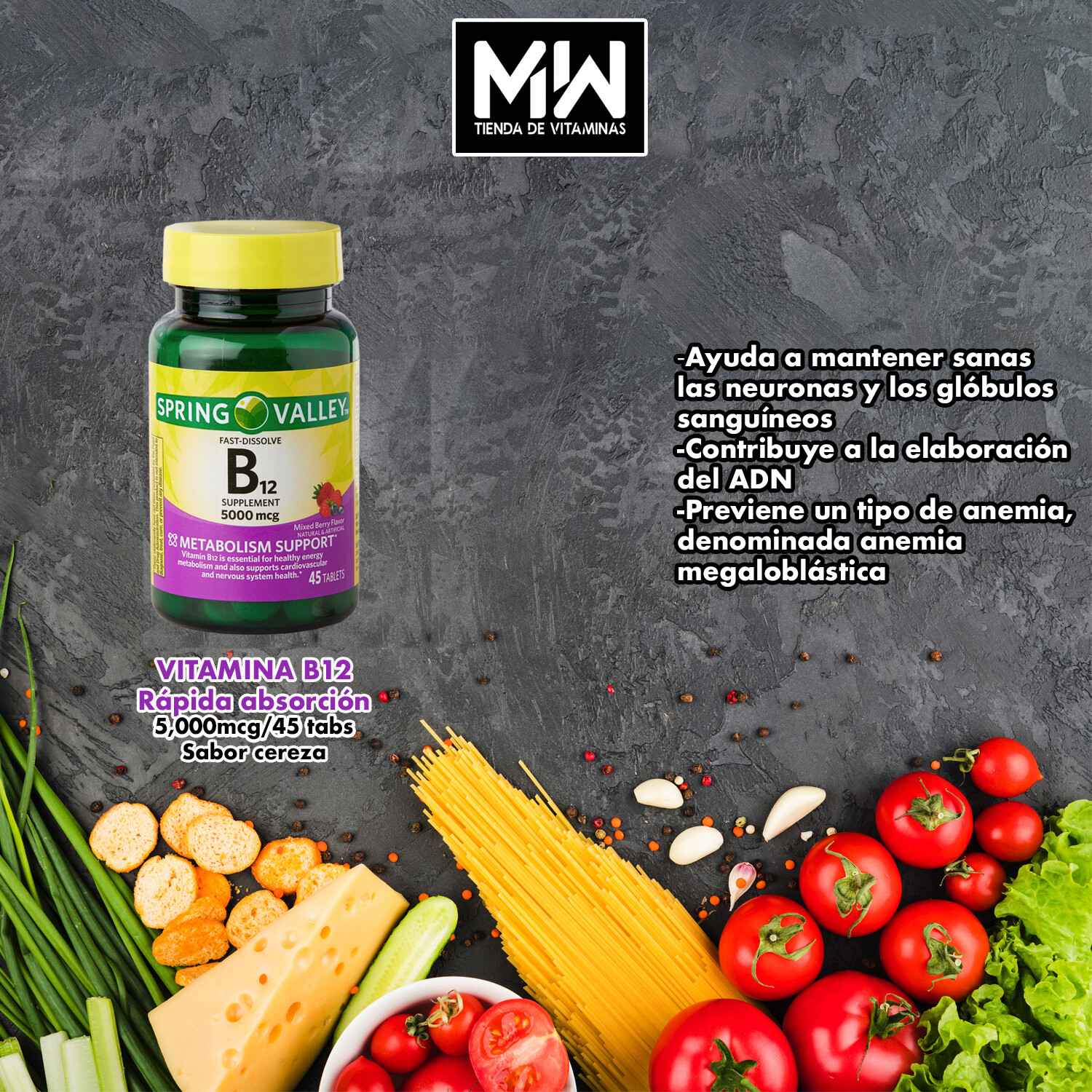 Vitamina B12 Disolución rápida / Vitamin B12 fast-dissolve 5000 mcg. 45 Tabs.