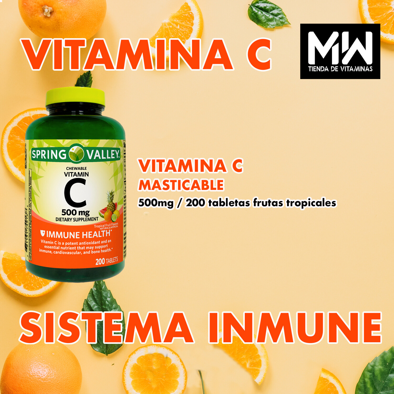 Vitamina C masticable 500 mg,  200 Tabletas  / Vitamin C chewable.