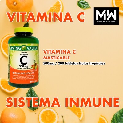 Vitamina C masticable 500 mg,  200 Tabletas  / Vitamin C chewable.