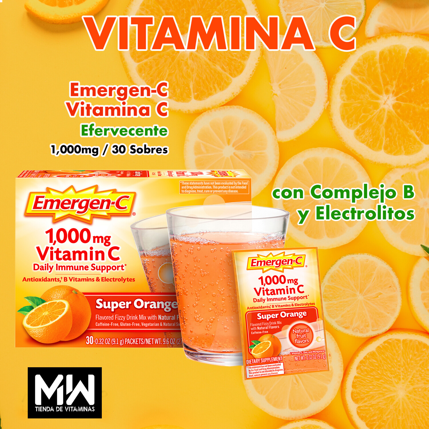 Emergen-C Efervescente + Electrolitos y Vitaminas B / Emergen-C 1,000mg, 30 sobres
