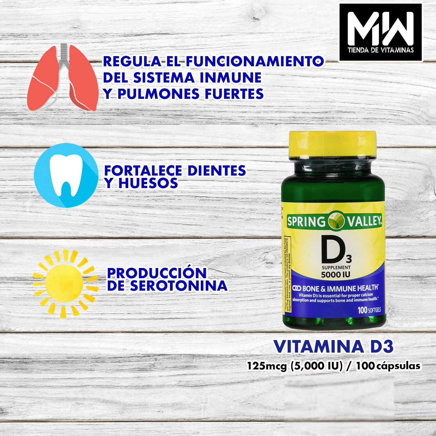 Vitamina D3 / Vitamin D3 125 mcg. (5,000 IU) 100 Caps.