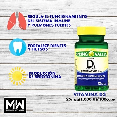 Vitamina D3 / Vitamin D3 25 mcg. (1000 IU) 100 Caps.