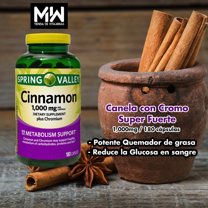 Canela con Cromo super fuerte / Cinnamon plus chromium 1000 mg. 180 Caps.