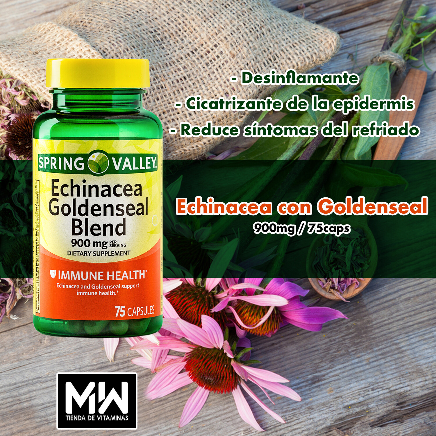 Equinácea Goldenseal / Echinacea Goldenseal blend 900 mg. 75 Caps.