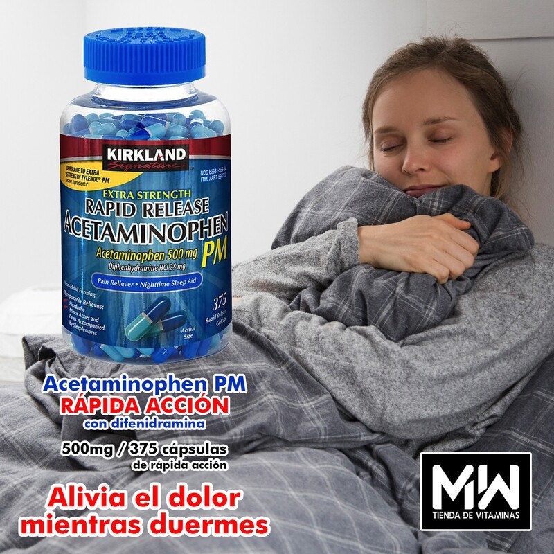 Acetaminofen (PARACETAMOL) PM, Sleep aid, Super Fuerte, rápida acción con difenidramina HCI 25mg / Acetaminophen 500mg, 375caps