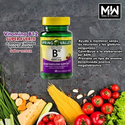 Vitamina B12 Rápida absorción / Vitamin B12 quick dissolve 5000 mcg. 60 Tabs.