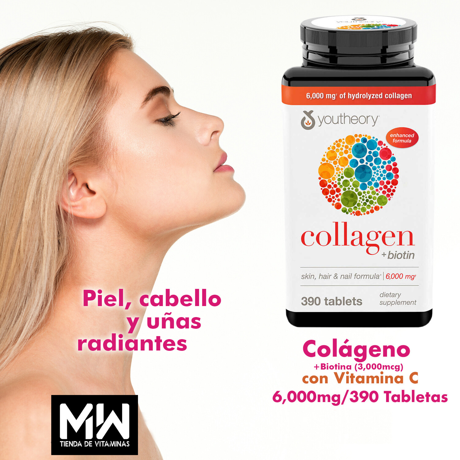 Colágeno Hidrolizado 6,000mg + Vitamina C + Biotina / Collagen + Vitamin C + Biotin 390 Tabs.