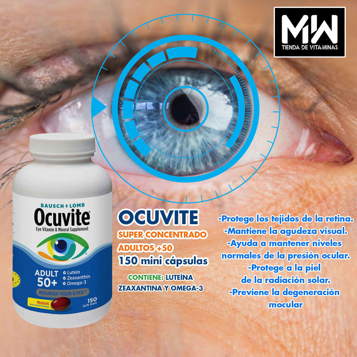 Ocuvite +50 años Salud Ocular y multi vitaminas / Ocuvite +50 150 mini caps. (Luteína, Zeaxantina, Omega-3)