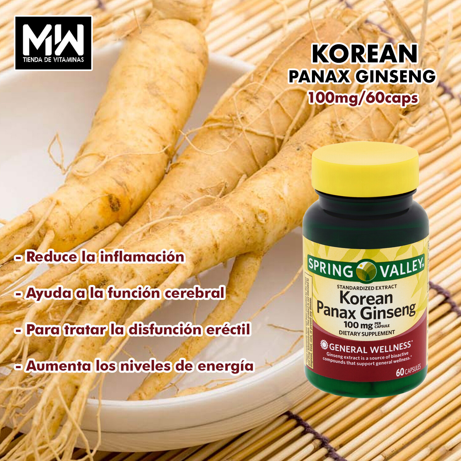 Korean Panax Ginseng / Panax Gingseng Coreana - 100 mg. 60 Caps.