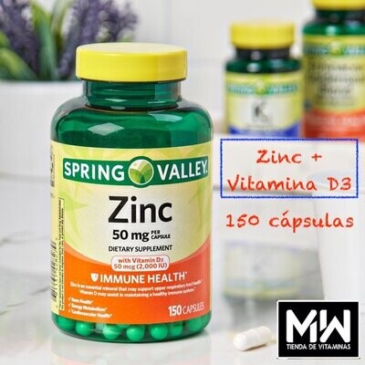 Zinc 50mg + Vitamina D3 (2,000IU) 150 cápsulas
