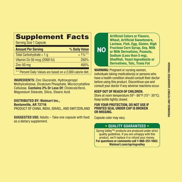 Zinc 50mg + Vitamina D3 (2,000IU) 150 cápsulas