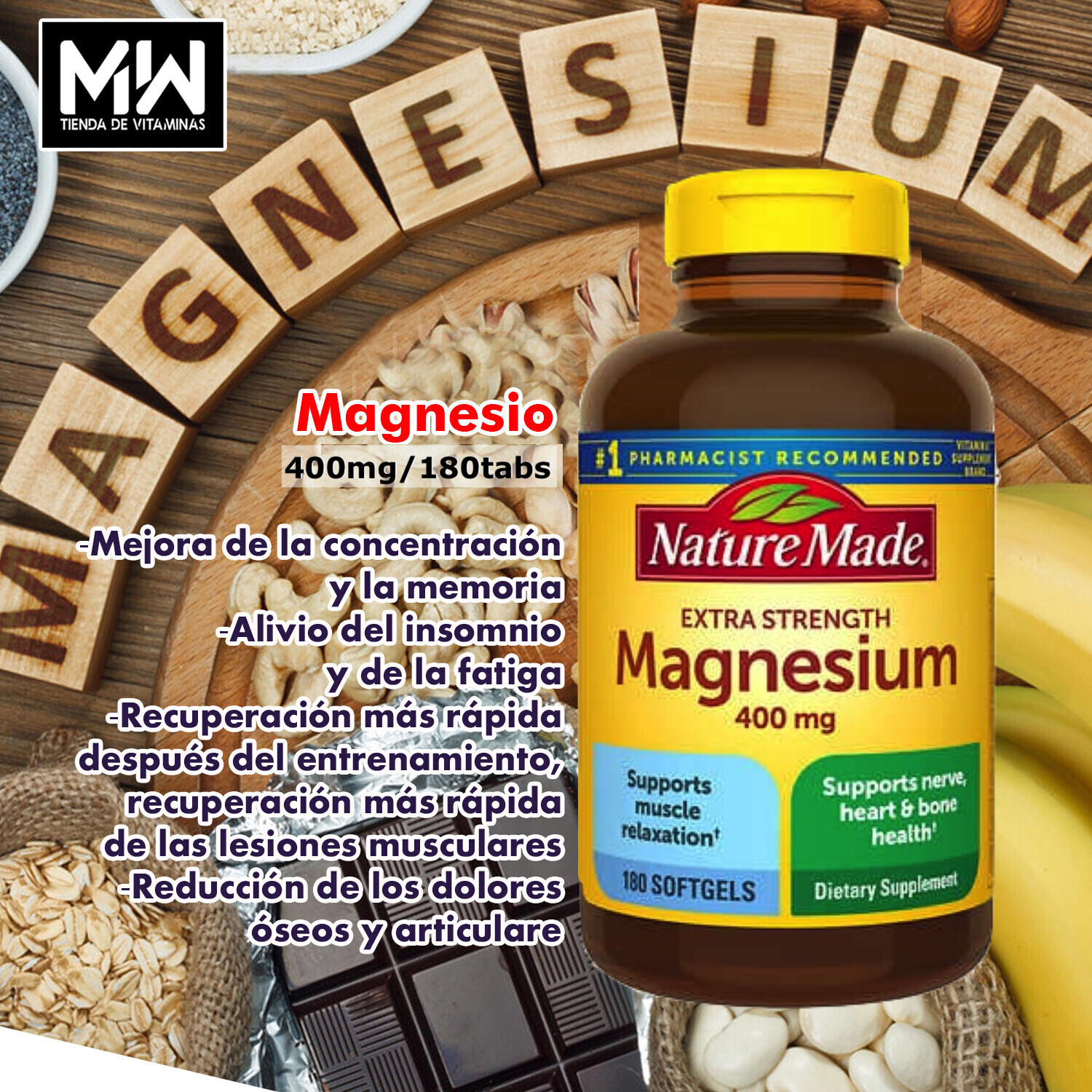 Magnesio Super fuerte / Magnesium Extra extrenght 400 mg. 180 caps