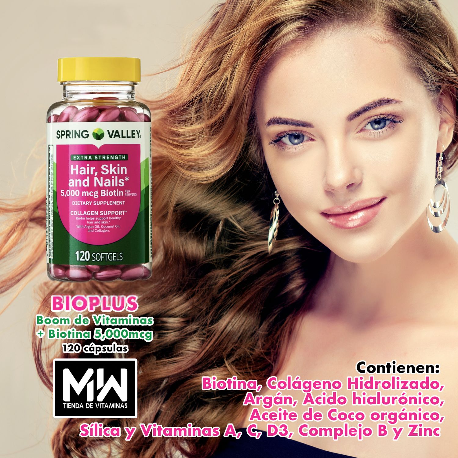 Biotina Plus / Biotin 5,000 mcg Hair, skin &amp; nails plus 120 Caps.