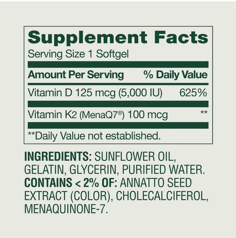 Vitamina D3 + K2 / Vitamin D3 (5,000 IU) + K2 (100 mcg) 120 cáps.