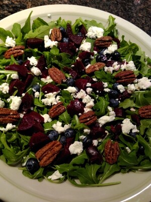 Blueberry Beet Mixed Green Salad with Goat Cheese