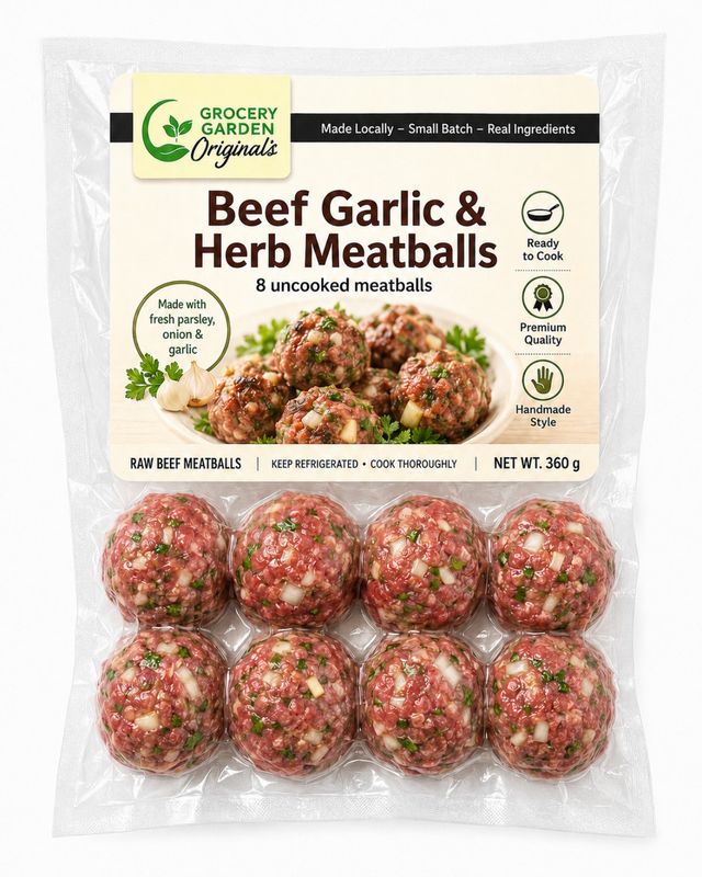 Garlic &amp; Herb Beef Meatballs (8 * 45g) - Grocery Garden Originals