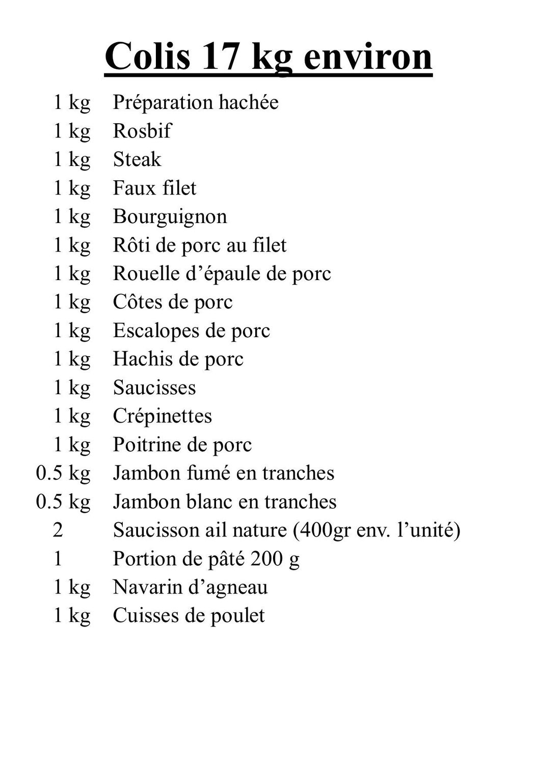 Colis 4 viandes Bovin Porc Agneau Poulet Charcuterie 1.0
