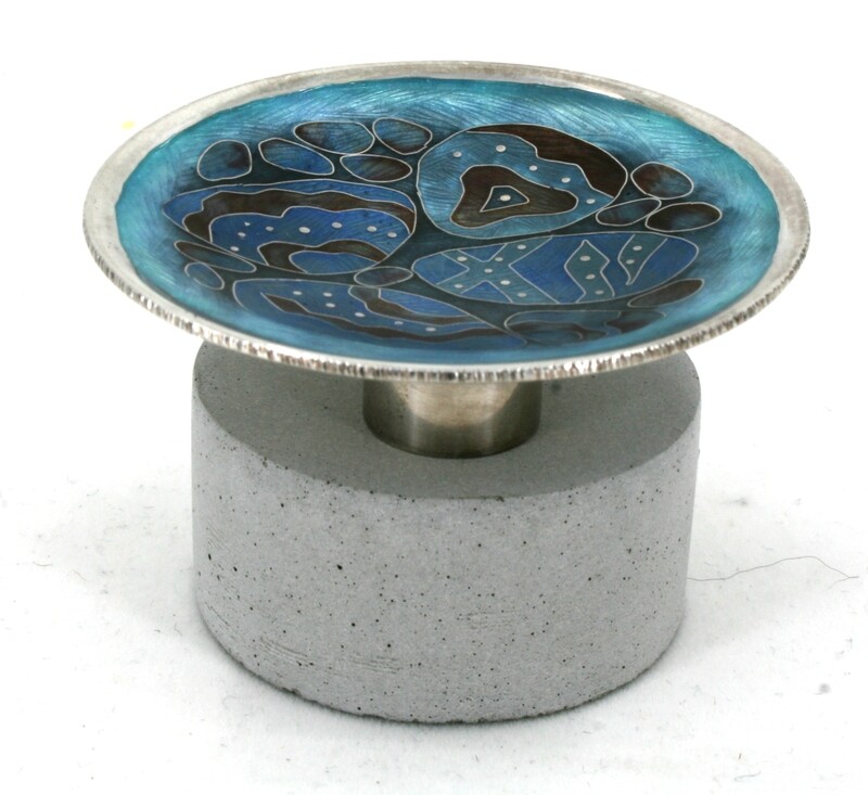 Tiny Silver Cloisonne enamel Pebble Pool Dish on a concrete base.