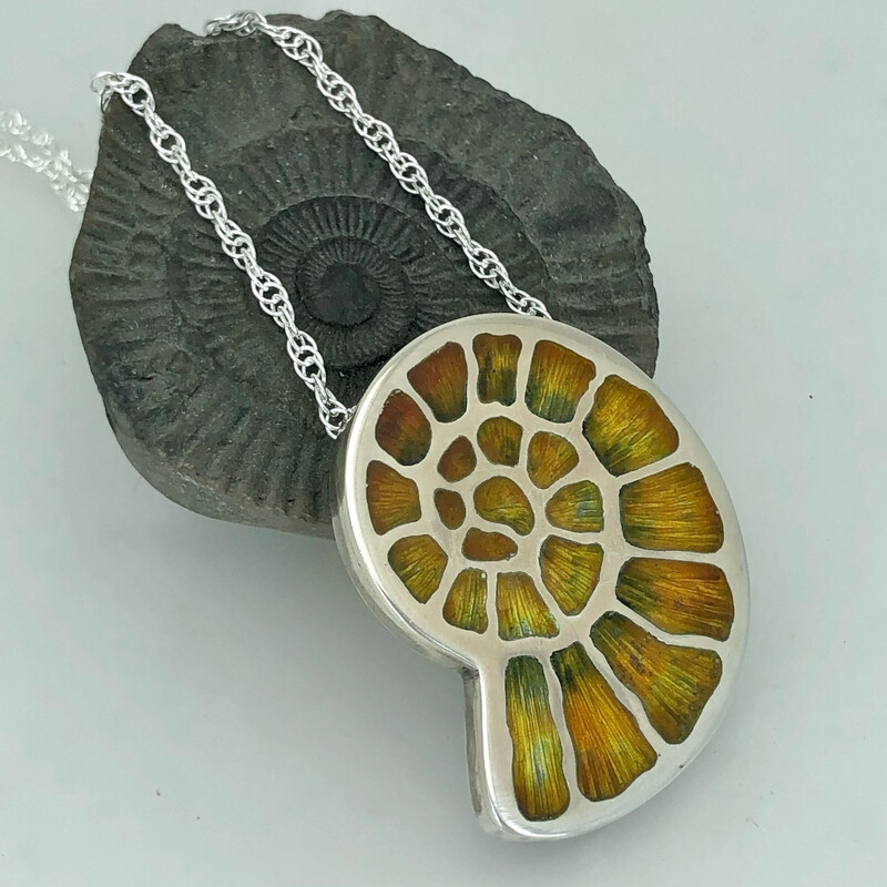 Enamel Fossil Necklace on Silver Rope Chain - Silver And Champlevé