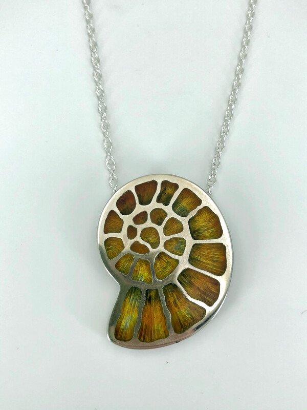 Enamel Fossil Necklace on Silver Rope Chain - Silver And Champlevé