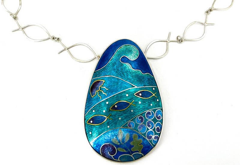 All I Want Is To Be Beside The Sea II Enamel Necklace With Silver Fishy Chain