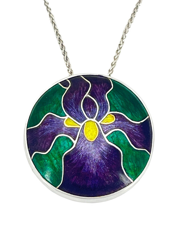 Purple Iris Cloisonné Enamel Silver Pendant - Medium