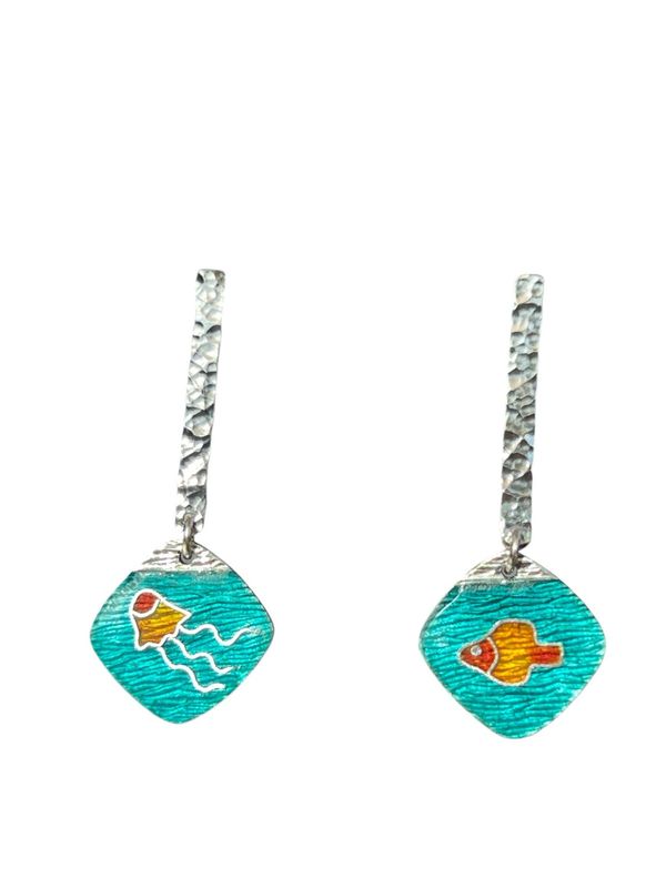 Seascape Tiny Silver Cloisonné Enamel Earrings With Fish And Jellyfish