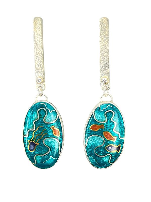 Seascape Silver And Gold Cloisonné Enamel Earrings With Moissanites Set In 18ct