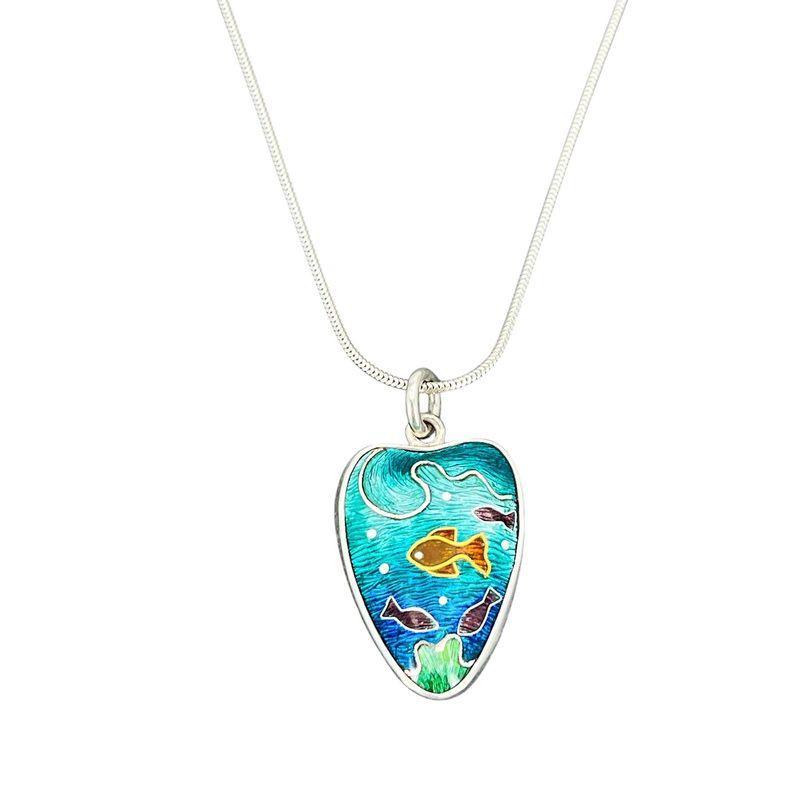 Seascape Tiny Gold And Silver Cloisonné Enamel Pendant With Fish
