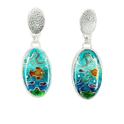 Seascape Silver And Gold Cloisonné Enamel Earrings With Fish, Jellyfish And Oval Ear Fittings