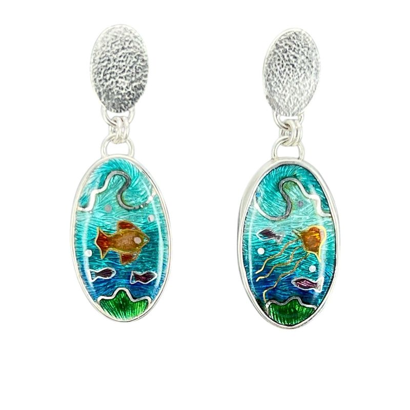 Seascape Silver And Gold Cloisonné Enamel Earrings With Fish, Jellyfish And Oval Ear Fittings