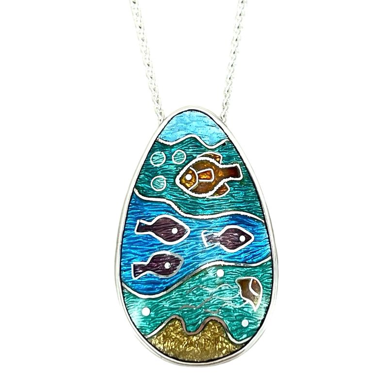 Seascape Silver Cloisonné Enamel Pendant With Jelly Fish, Fish And Dunes