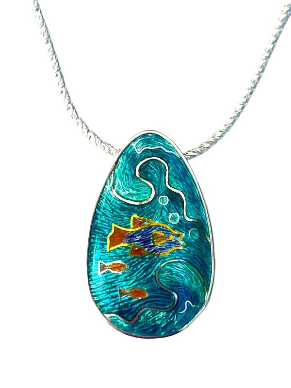 Seascape Gold And Silver Cloisonné Enamel Pendant With Breaking Waves