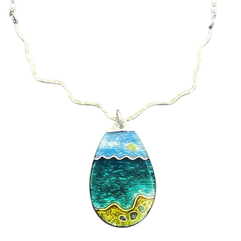 Seascape Silver Cloisonné Enamel Pendant With Tranquil Beach And Pebbles