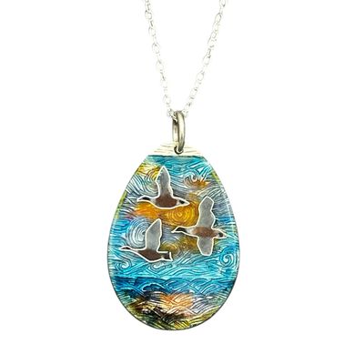 Seascape Silver Cloisonné Enamel Pendant With Geese At Sunset