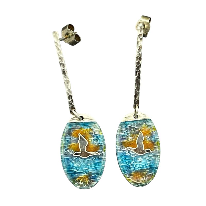 Seascape Cloisonné Enamel Earrings With Geese At Sunset