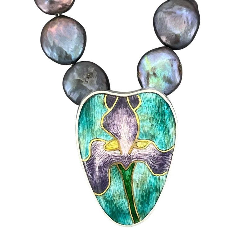 Purple And Lilac Cloisonné Silver And Gold Pendant With Peacock Coloured Freshwater Pearls