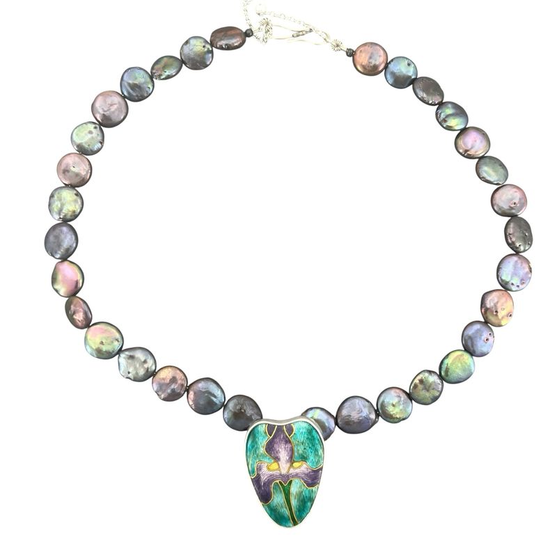 Purple And Lilac Cloisonné Silver And Gold Pendant With Peacock Coloured Freshwater Pearls