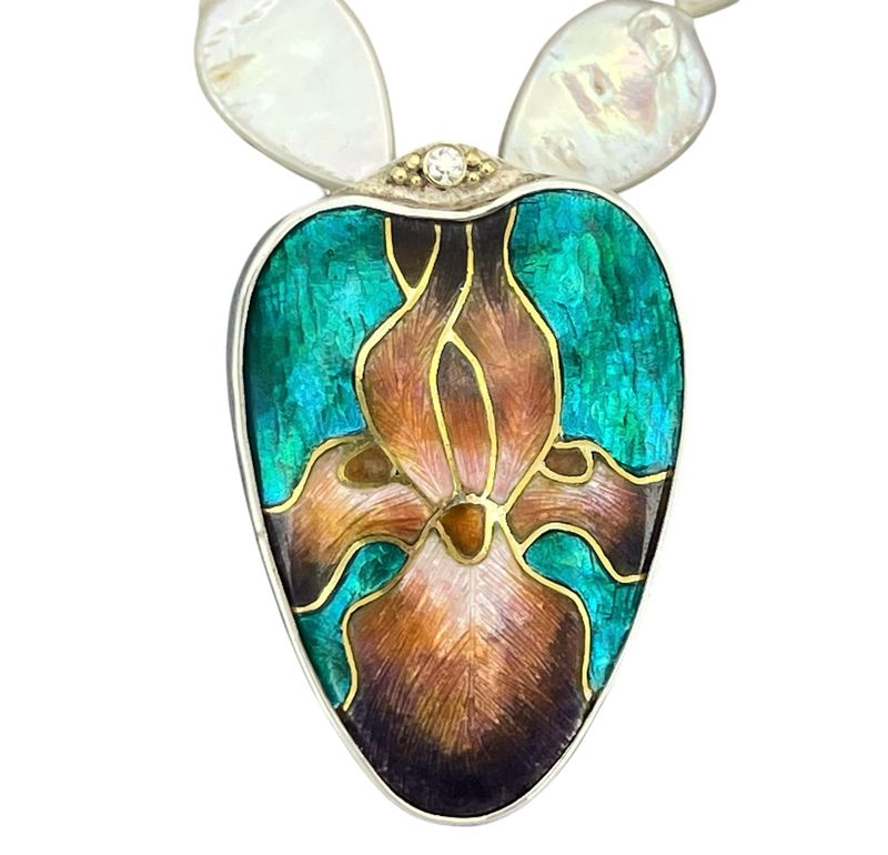 Coral And Purple Cloisonné Enamel Silver And Gold Pendant With Freshwater Pearls